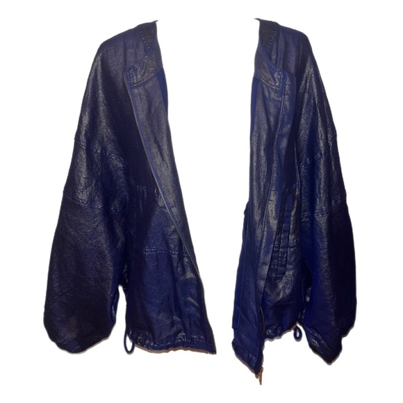 Anthropologie Elevenses Raquel Blue Bubble Jacket Batwing Linen Blend Size M/L - Picture 8 of 13